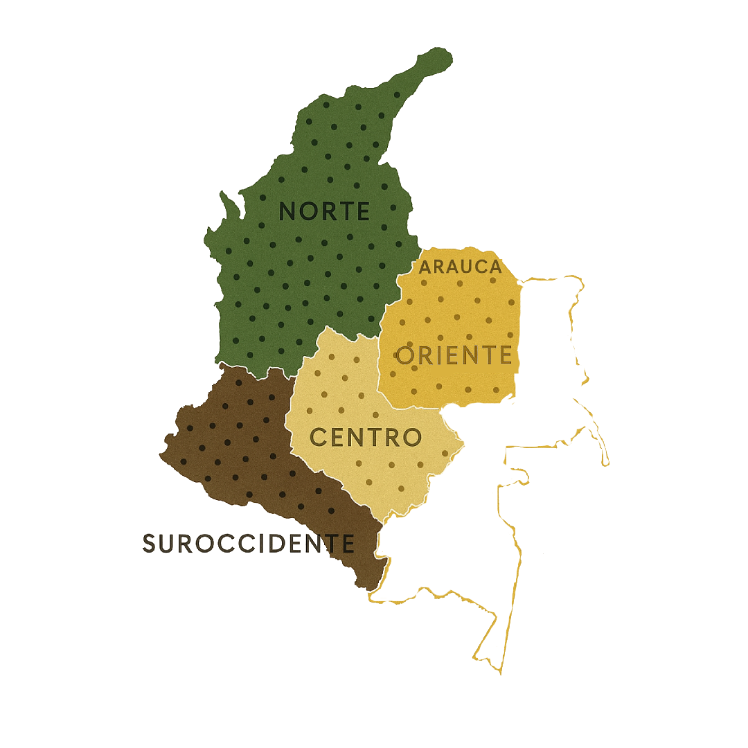 Mapa de Colombia con las regiones de los comités de FENALCUP