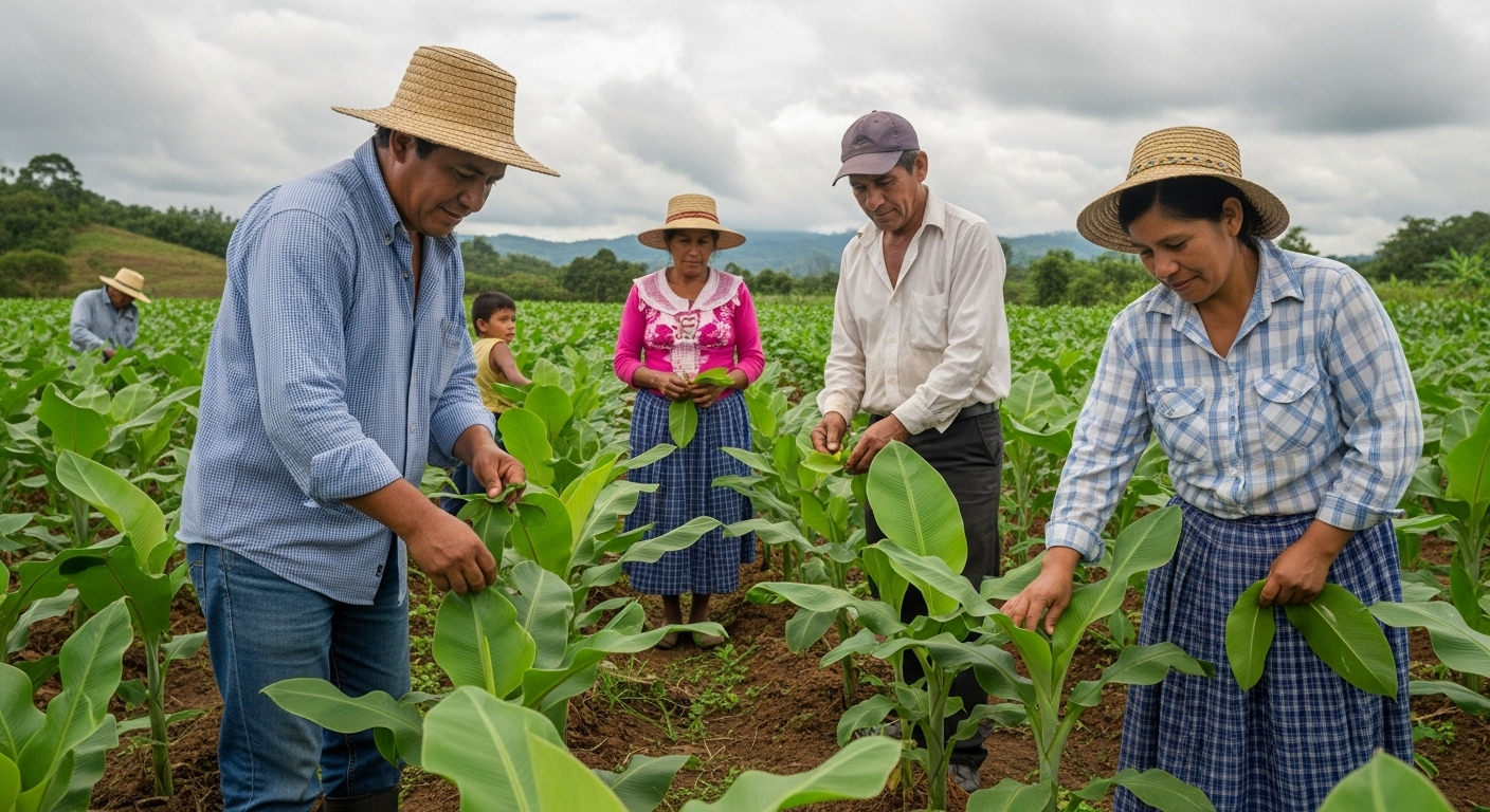 Agricultores colombianos trabajando en su cultivo de plátano, representando el corazón de FENALCUP.