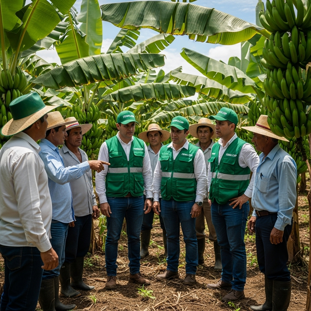 El equipo de FENALCUP reunido con un grupo de agricultores, mostrando cercanía y colaboración.
